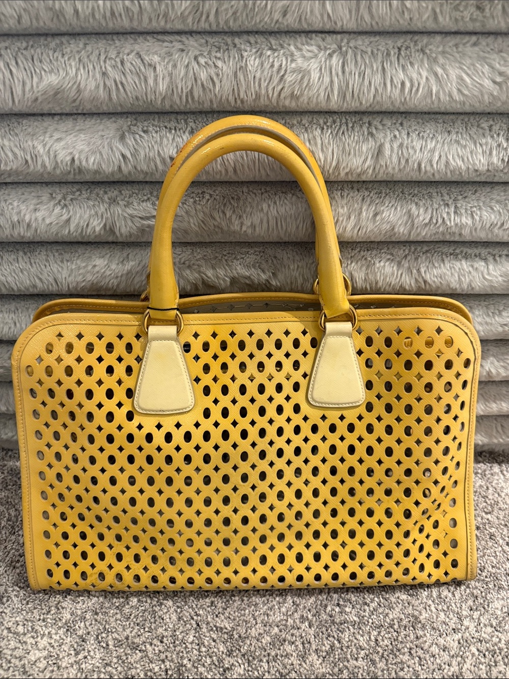 Prada Yellow Perforated Leather Satchel - Picture 2 of 9